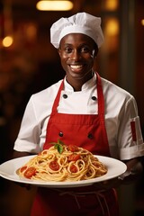 Wall Mural - Cheerful chef presenting a plate of pasta