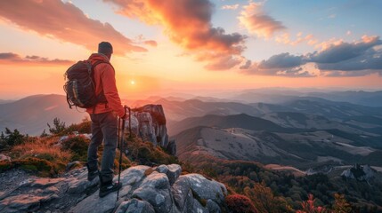 Wall Mural - A man who hikers enjoys a break look at the top of the mountain at sunset adventure travel