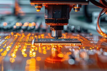 Fototapete - Printed circuit board assembly process. Conveyor with robotic arms in electronics factory. Semiconductor manufacturing industry