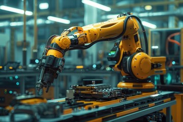 Fototapete - Robotic arm for electronic assembly line. Smart modern factory automation using advanced machines.