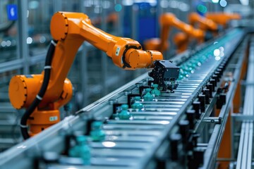 Fototapete - Robotic arm for electronic assembly line. Smart modern factory automation using advanced machines.