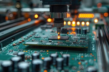 Fototapete - Printed circuit board assembly process. Conveyor with robotic arms in electronics factory. Semiconductor manufacturing industry