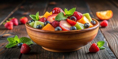 Wall Mural - Appetizing fresh fruit salad in a clay bowl, healthy, colorful, delicious, organic, nutritious, vegan, vegetarian, natural