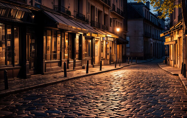 Canvas Print - Cobblestoned street in the town created with Generative AI technology