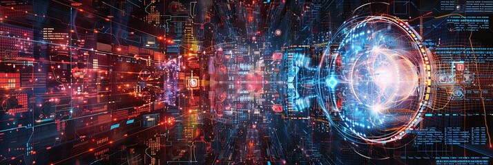 Fototapete - A dynamic and intricate visualization of big data processing, featuring massive information streams, complex graphs, and digital interfaces representing AI data processing. Generative AI