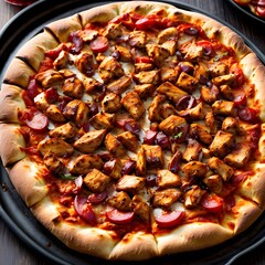 Wall Mural -  mouth-watering barbecue chicken pizza, featuring a perfectly baked golden crust and loaded with tender, juicy pieces of seasoned chicken