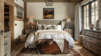 Wall Mural - Rustic-chic bedroom design with earthy tones, blending warmth and style for a harmonious space.