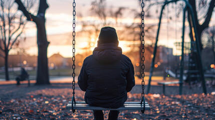 Canvas Print - Solitude in the Swingset - Illustrating the solitary essence of a single person's life with a figure seated alone on a swing in a deserted playground.