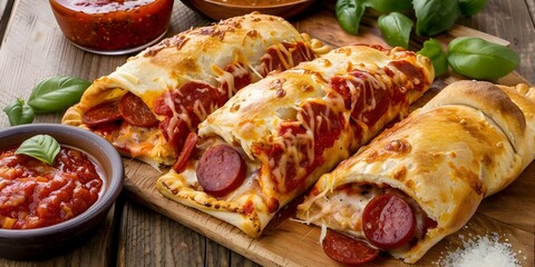 Wall Mural - Overhead shot of a delicious calzone filled with fresh sausage and pepperoni, served with marinara sauce. Concept Food Photography, Calzone, Fresh Ingredients, Overhead Shot, Marinara Sauce