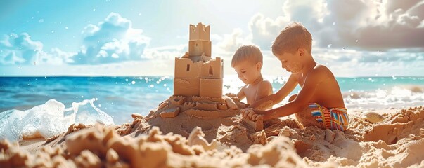 Wall Mural - Children building sandcastles on a sunny shore, sandy creations and ocean backdrop, 4K hyperrealistic photo.