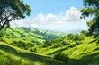 © Jennie Pavl - A breathtaking AI-generated landscape painting showcasing a peaceful countryside with gentle hills, abundant greenery, and a flawless sky.