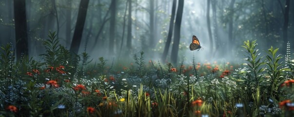 Wall Mural - Misty forest clearing with a colorful butterfly fluttering among the flowers, 4K hyperrealistic photo