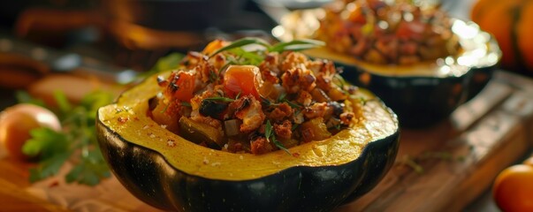 Wall Mural - Making stuffed acorn squash for National Acorn Squash Day, October 21st, savory dishes and autumn ingredients, 4K hyperrealistic photo.