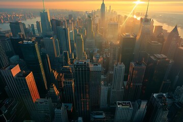 Wall Mural - Aerial view of a cityscape at dawn, with the first rays of sunlight glinting off skyscrapers