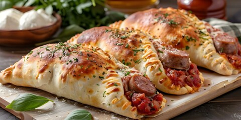 Canvas Print - Visualizing Traditional Italian Calzone with Marinara, Mozzarella, and Sausage. Concept Italian Cuisine, Calzone Recipe, Marinara Sauce, Mozzarella Cheese, Sausage Ingredients