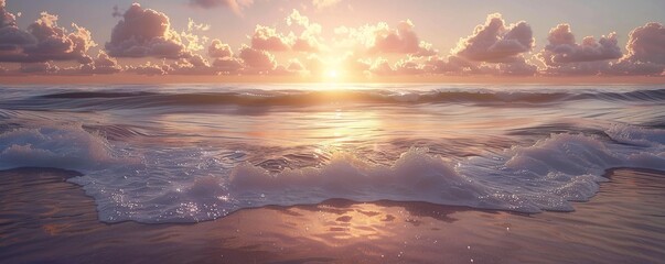 Wall Mural - Serene sunrise over a calm sea with gentle waves lapping the shore, 4K hyperrealistic photo