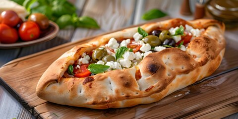 Canvas Print - Savor a Mediterranean calzone bursting with feta olives tomatoes and basil. Concept Food, Mediterranean Cuisine, Calzone Recipe, Feta Cheese, Olives, Tomatoes, Basil