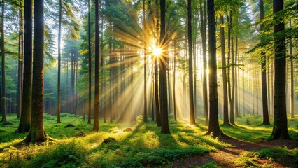 Wall Mural - Sunlight filtering through dense trees in a peaceful morning forest setting, morning, forest, sunlight, trees, peaceful, nature