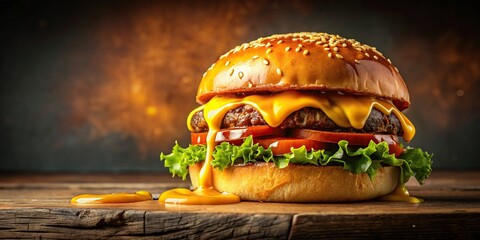 Wall Mural - Mouthwatering cheeseburger with juicy patty and dripping sauce, burger, cheese, food, sandwich, delicious, juicy
