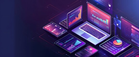 A digital illustration shows an isometric view with multiple devices displaying various data technology visualizations and graphs on their screens.