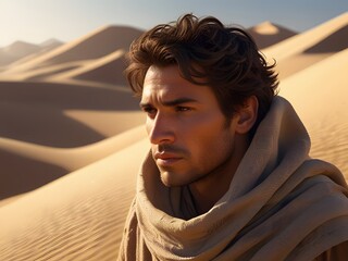 A male nomad, Sunny desert, rugged facial features, short brown hair, dark brown eyes, sun-kissed skin, lean build.