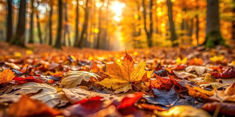 Wall Mural - Autumn leaves scattered on forest floor with selective focus , Fall, colors, foliage, nature, season, outdoors, environment