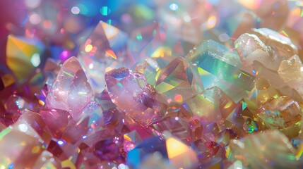 A colorful background filled with opal crystals, showcasing their iridescent hues and sparkling details.