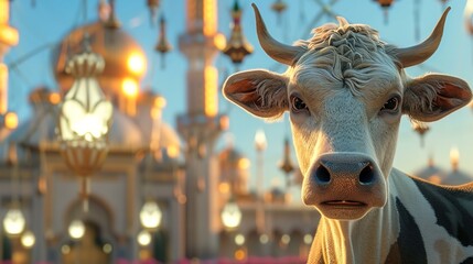 Wall Mural - Illustration of a cow with a mosque background