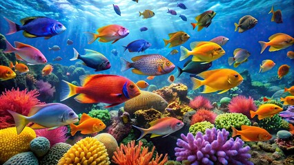 Wall Mural - Vibrant and colorful fish swimming together in a coral reef , underwater, marine life, tropical, aquarium, exotic, vibrant