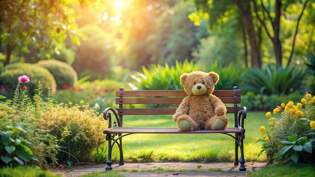 Teddy bear sitting on a bench in a lush garden , teddy bear, garden, bench, toy, nature, greenery, outdoors, relaxing