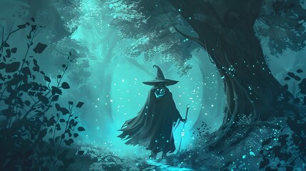 A wizard holding a wand with a glowing tip walks through the forest at night with blue light in the background and light cyan. Detailed character design, flat illustration.