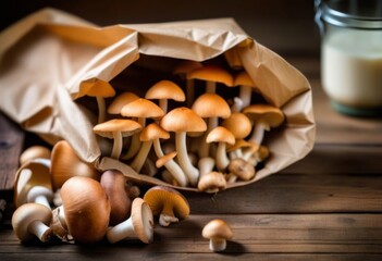 Wall Mural - A close-up of different types of mushrooms in a paper bag on a rustic table