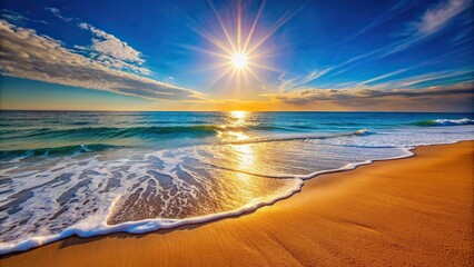 Wall Mural - Vibrant sun shining on a sandy beach with calm waves lapping the shore, Sun, beach, sand, waves, ocean, travel, tropical
