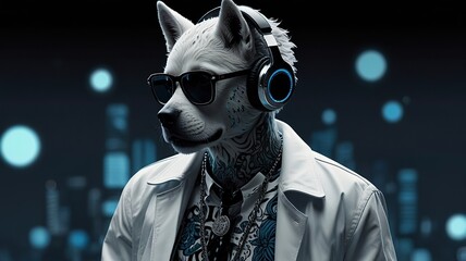 Sticker - a Dog head in sunglasses and headphones wearing a white jacket, and listening to music against a pink and blue background