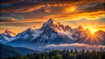 Wall Mural - Sunrise casting a warm glow over majestic mountain peaks, sunrise, mountains, scenic, dawn, landscape, nature, sky, clouds