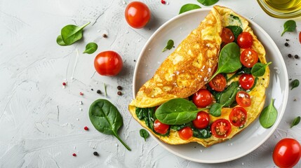 Stuffed omelette with tomatoes and spinach on light background with copy space. Top view, flat lay