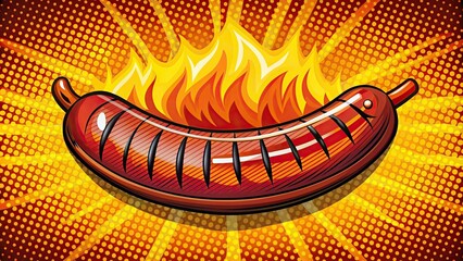 Wall Mural - Sizzling sausage on grill in comic book style, sausage, grill, cooking, barbecue, food, comic book, cartoon, sizzle, outdoor
