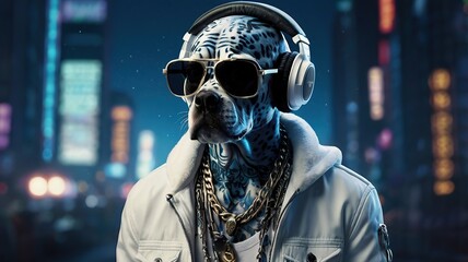Sticker - a Dog head in sunglasses and headphones wearing a white jacket, and listening to music against a pink and blue background