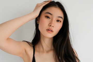 Wall Mural - A beautiful asian woman touching her face with perfect skin, long hair and a white background, wearing a strapless top, posing for a beauty portrait photograph in a studio.