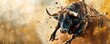 © ALEXSTUDIO - Powerful bull is bucking vigorously in a rodeo arena, kicking up a cloud of dust