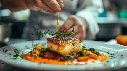 A close-up of a chef garnishing a beautifully plated dish with a final touch, such as a sprinkle of herbs or a drizzle of sauce, completing the culinary masterpiece.