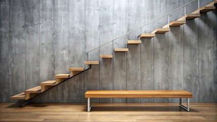 Wall Mural - Wooden bench against grey wall and staircase, wood, bench, grey, wall, staircase, interior, design, minimalist, urban, modern