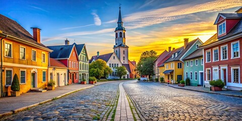Wall Mural - A view of a small town with colorful buildings, cobblestone streets, and a church steeple in the distance, town