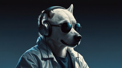 Wall Mural - a Dog head in sunglasses and headphones wearing a white jacket, and listening to music against a pink and blue background