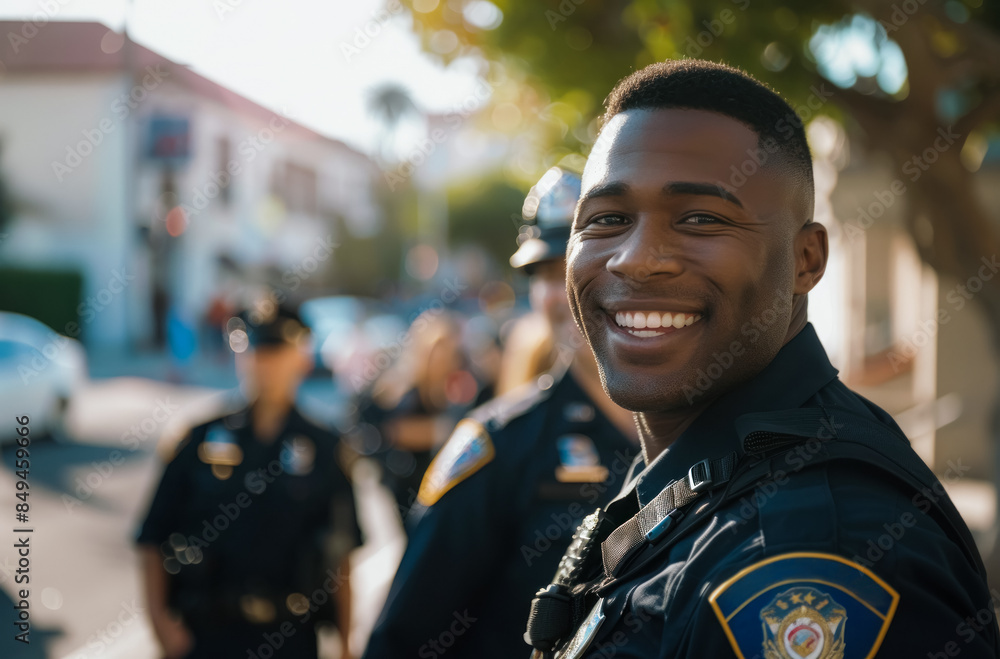 Smiling police officer in uniform standing outdoors, community setting ...