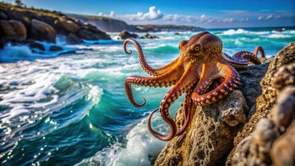 Octopus climbing on rocky surface near the ocean, Octopus, rocks, sea creature, wildlife, nature, underwater
