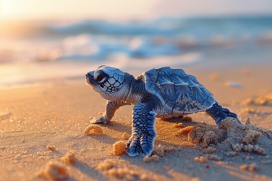 Baby Turtle: A small baby turtle, crawling on the sandy beach towards the ocean. 