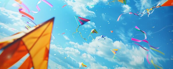 family flying kites for national kite flying day, colorful kites soaring in the blue sky, 4k hyperre
