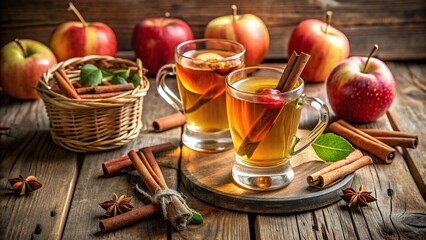 Glasses of apple cider with cinnamon sticks on a rustic table, fall, beverage, harvest, autumn, seasonal, cozy, warm