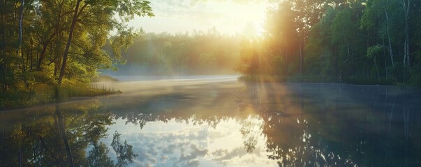 Tranquil forest lake at sunrise with mist rising from the water, 4K hyperrealistic photo